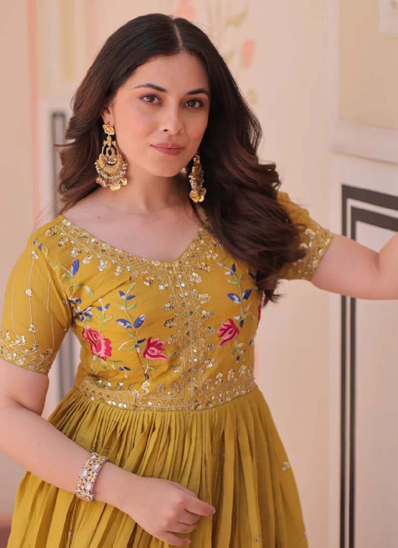 Latest Sequence Embroidered Tissue Silk Haldi Special Yellow Gown - Image 3
