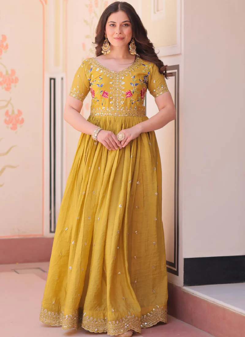 Latest Sequence Embroidered Tissue Silk Haldi Special Yellow Gown - Image 4