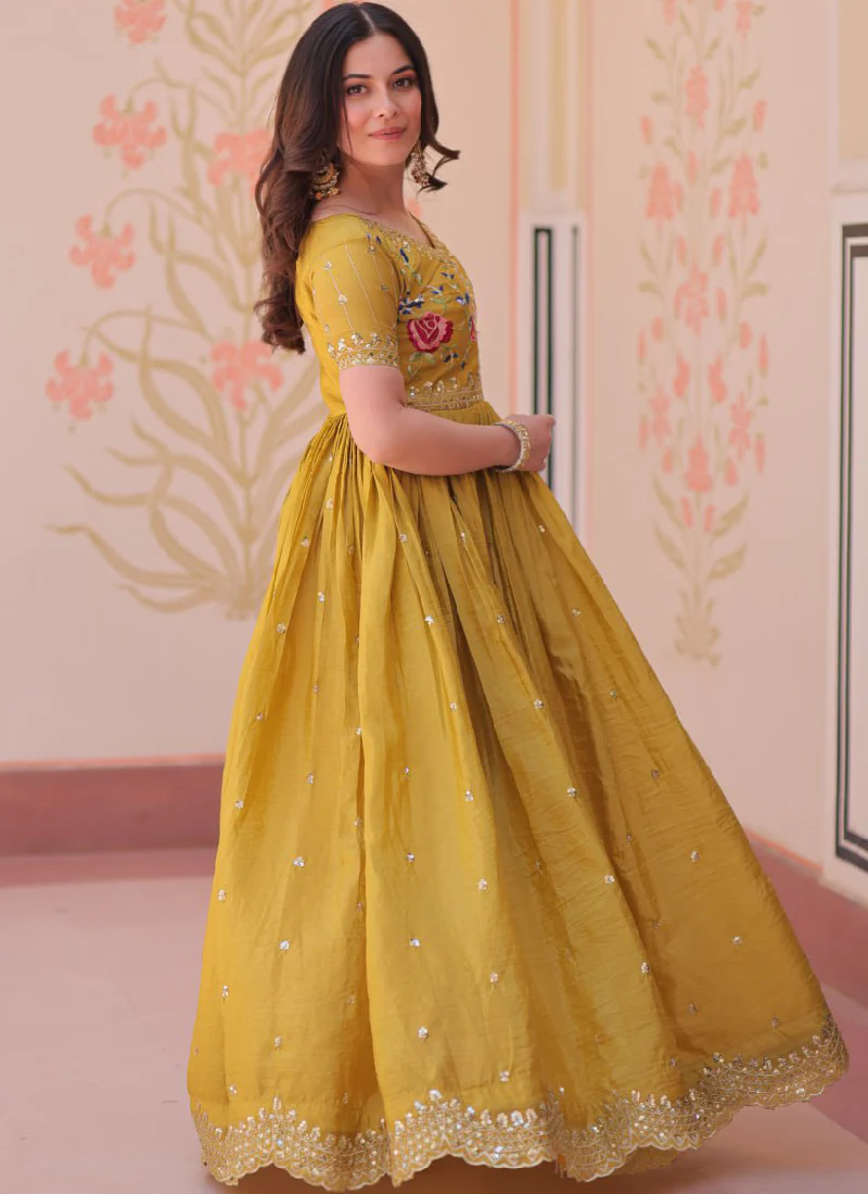 Latest Sequence Embroidered Tissue Silk Haldi Special Yellow Gown - Image 5
