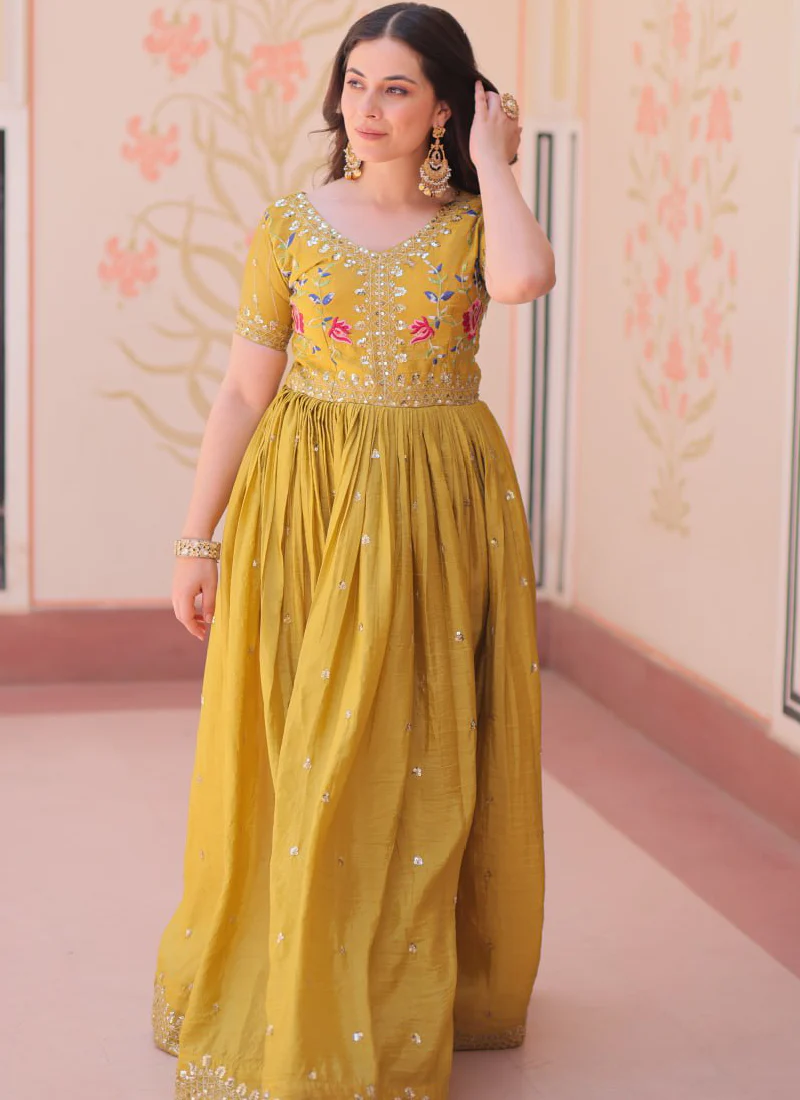 Latest Sequence Embroidered Tissue Silk Haldi Special Yellow Gown - Image 6