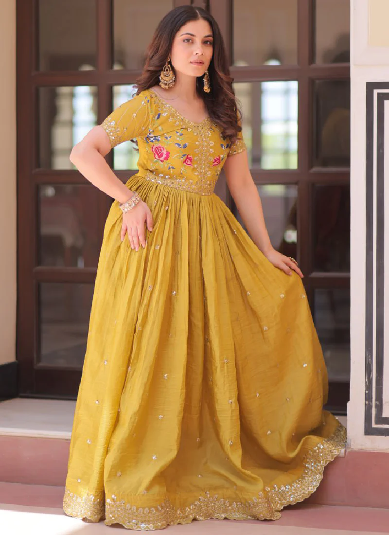 Latest Sequence Embroidered Tissue Silk Haldi Special Yellow Gown - Image 7