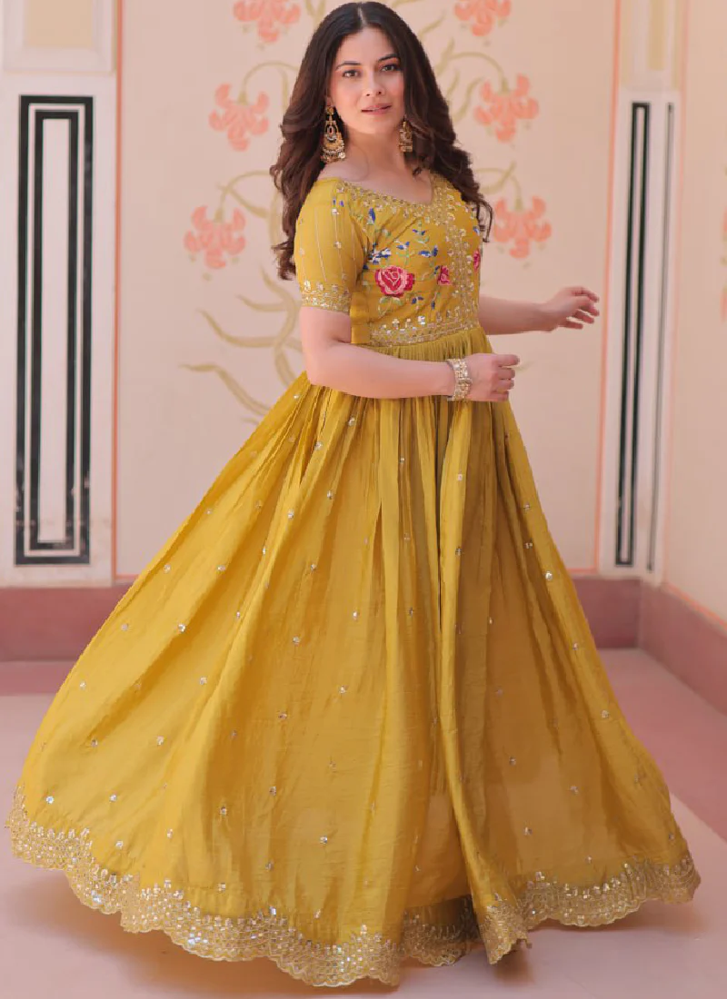 Latest Sequence Embroidered Tissue Silk Haldi Special Yellow Gown - Image 8