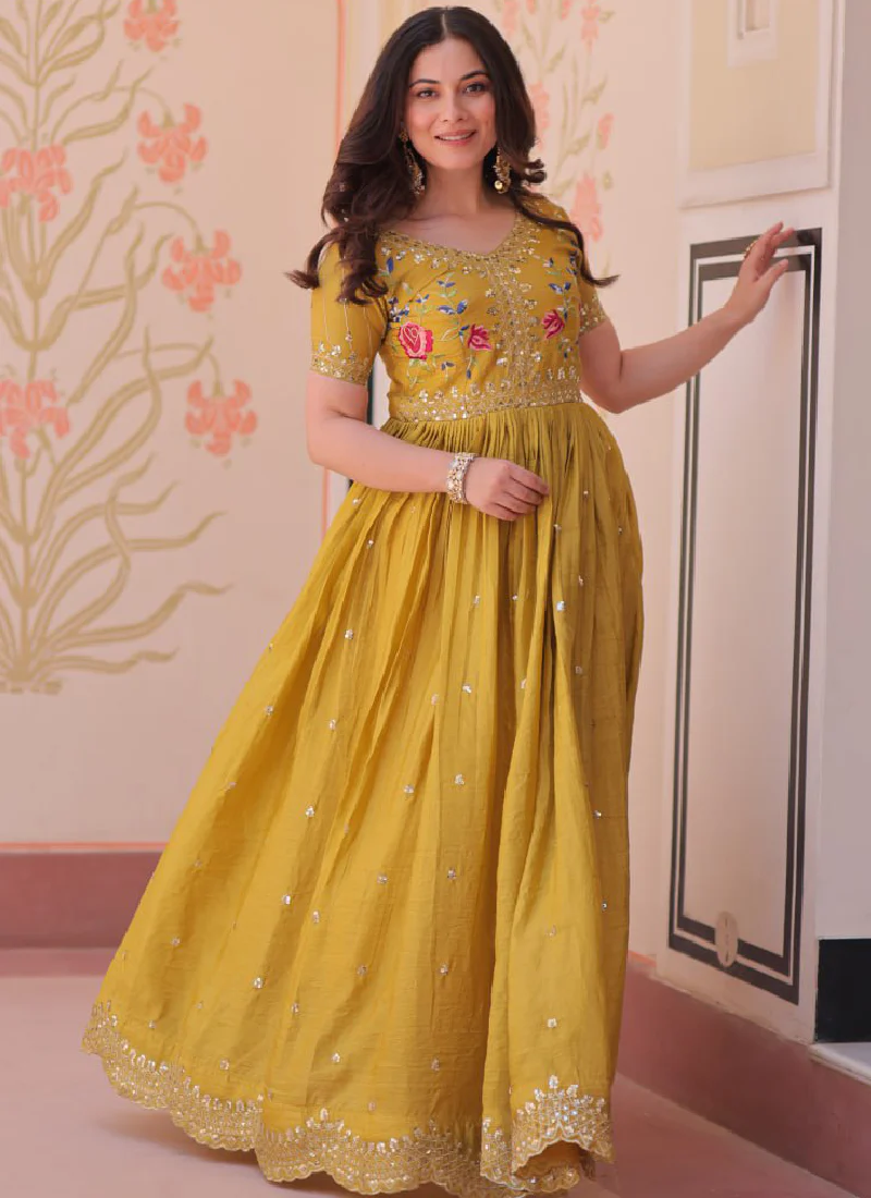 Latest Sequence Embroidered Tissue Silk Haldi Special Yellow Gown - Image 9
