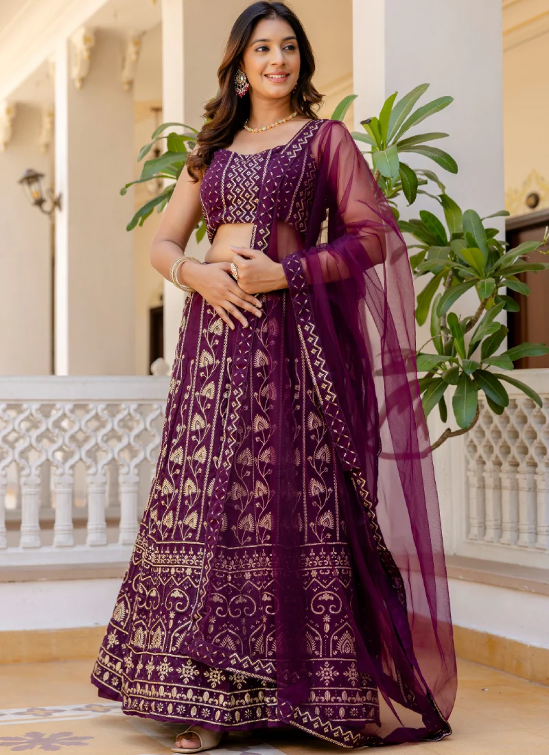Latest Sequence Work Georgette Purple Reception Wear Lehenga Choli
