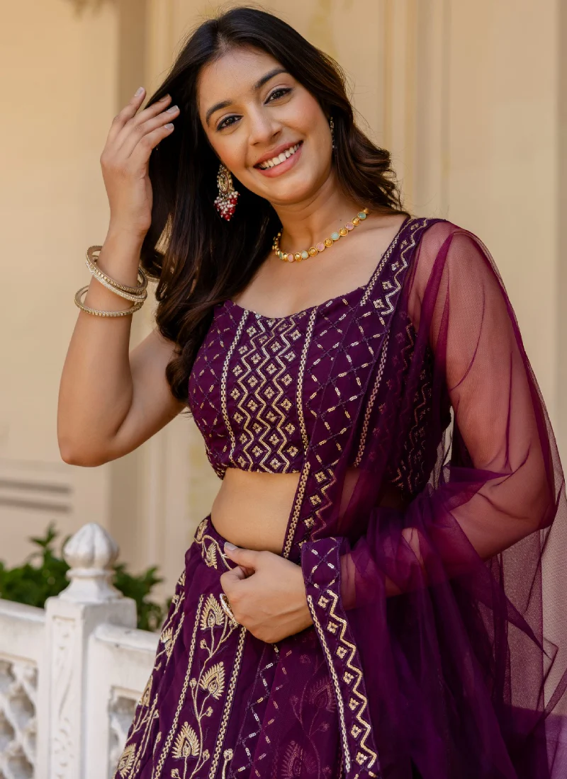 Latest Sequence Work Georgette Purple Reception Wear Lehenga Choli - Image 2