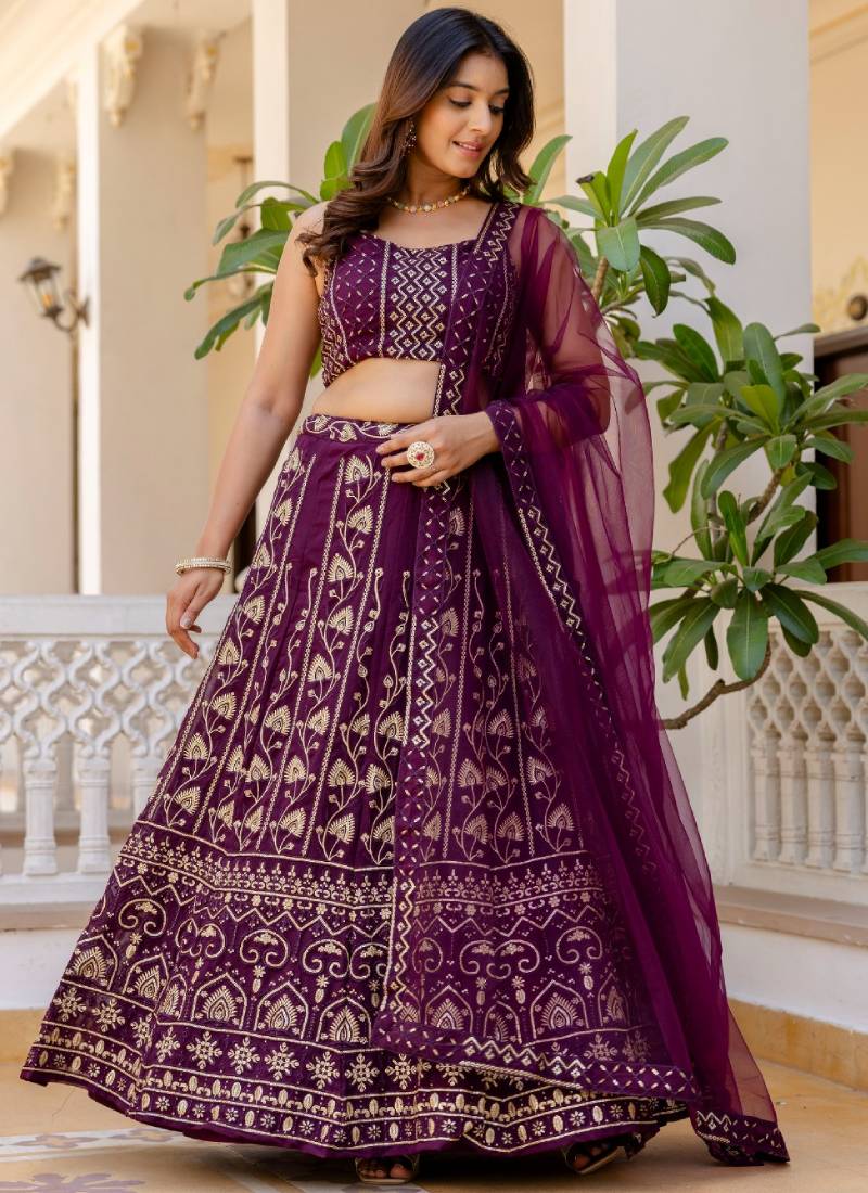 Latest Sequence Work Georgette Purple Reception Wear Lehenga Choli - Image 3