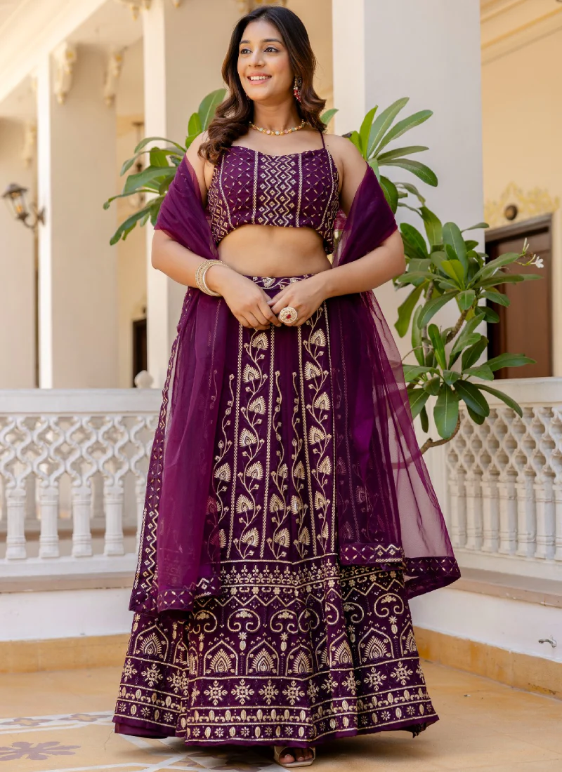 Latest Sequence Work Georgette Purple Reception Wear Lehenga Choli - Image 4