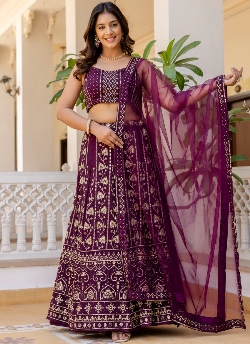 Latest Sequence Work Georgette Purple Reception Wear Lehenga Choli - Image 5