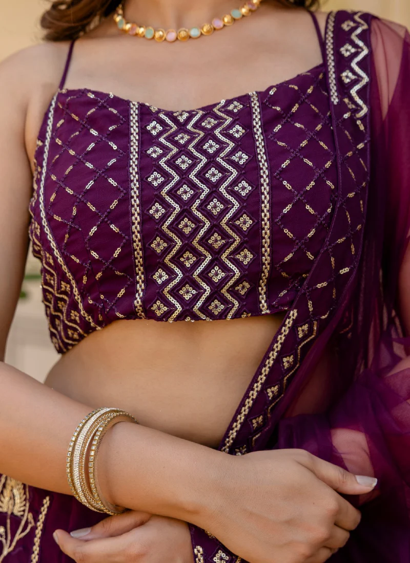 Latest Sequence Work Georgette Purple Reception Wear Lehenga Choli - Image 8