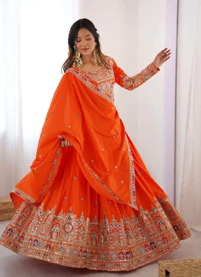 Latest Silk Sequence Embroidery Work Orange Lehenga Choli With Dupatta - Image 3
