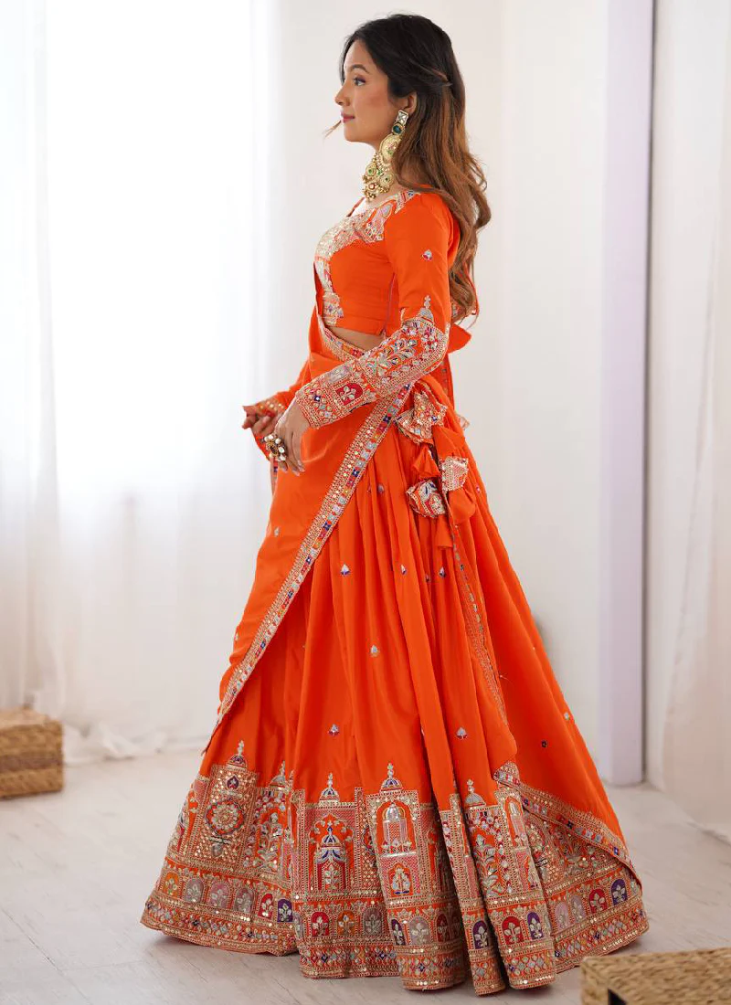 Latest Silk Sequence Embroidery Work Orange Lehenga Choli With Dupatta - Image 5