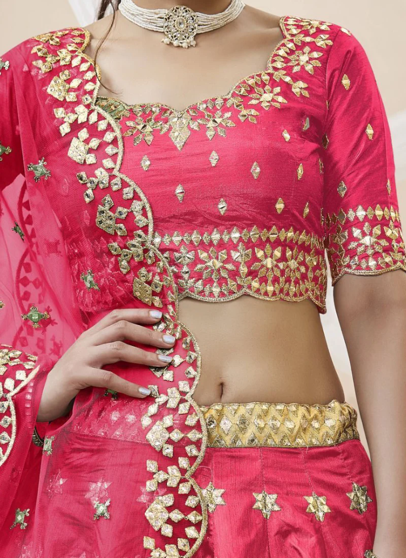 Latest Zari Embroidered Work Mulberry Silk Pink Lehenga Choli - Image 6