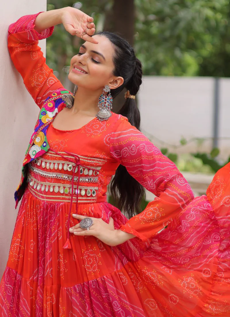 Leheriya Printed Gamthi Work Georgette Red Traditional Wear Gown - Image 3