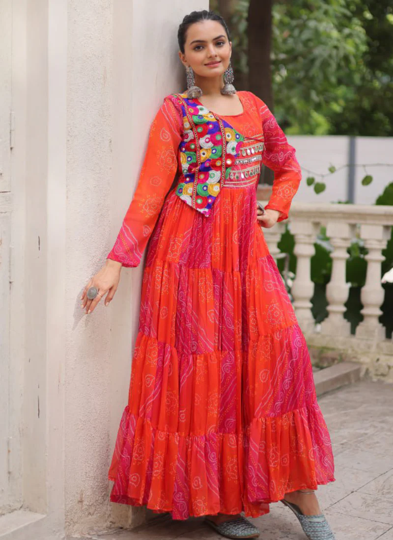 Leheriya Printed Gamthi Work Georgette Red Traditional Wear Gown - Image 4