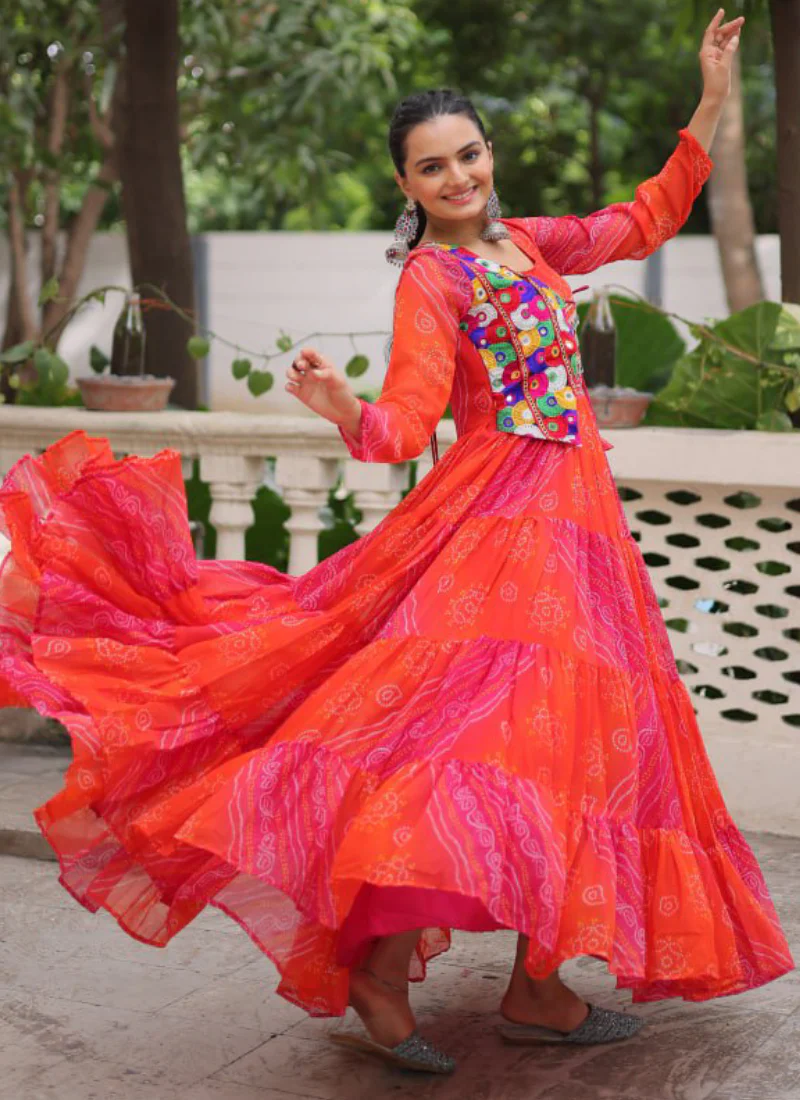 Leheriya Printed Gamthi Work Georgette Red Traditional Wear Gown - Image 7