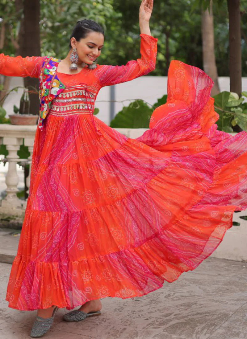 Leheriya Printed Gamthi Work Georgette Red Traditional Wear Gown - Image 8