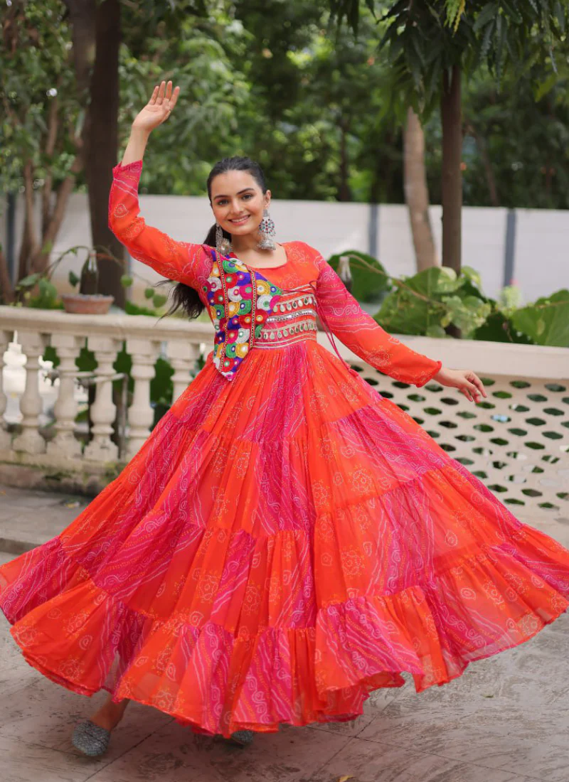 Leheriya Printed Gamthi Work Georgette Red Traditional Wear Gown - Image 9