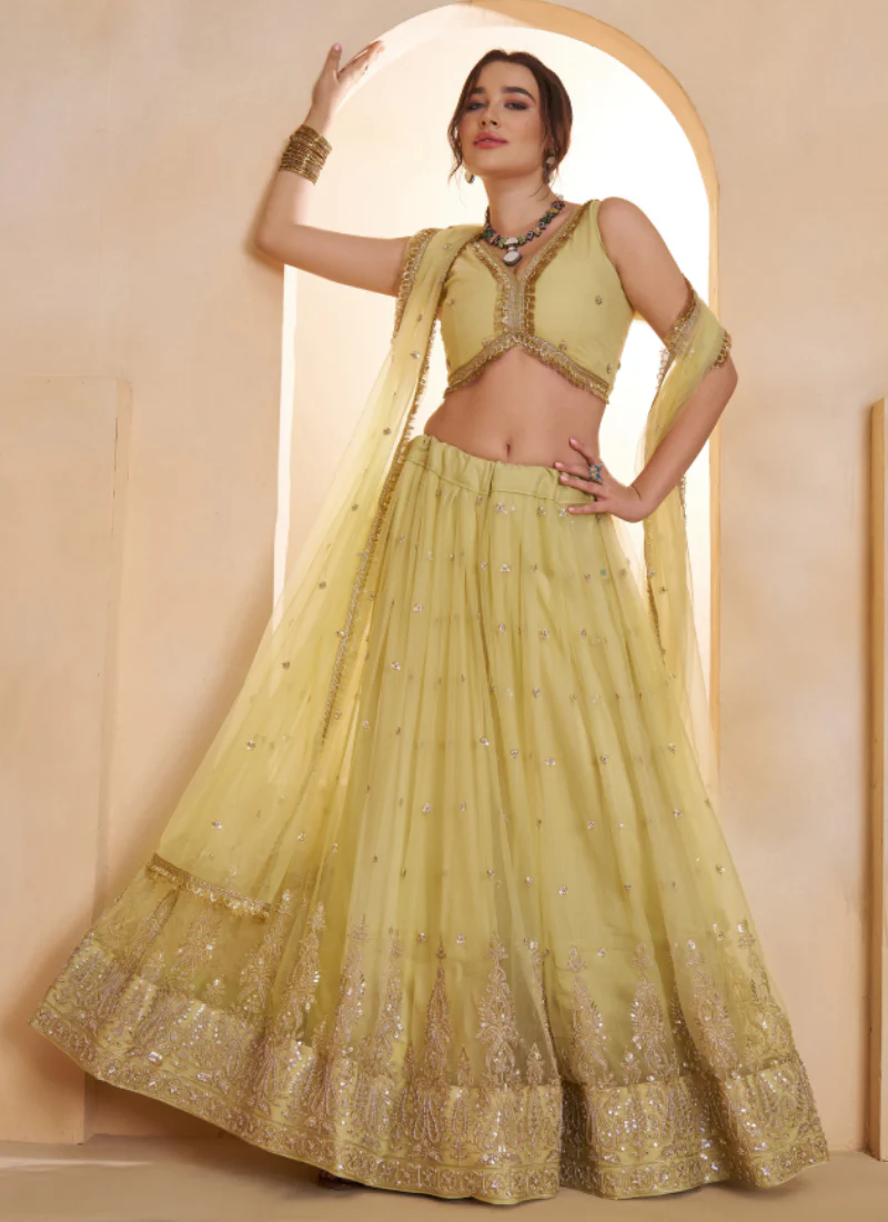 Lemon Yellow Designer Net Sequence Embroidered Work Lehenga Choli Set