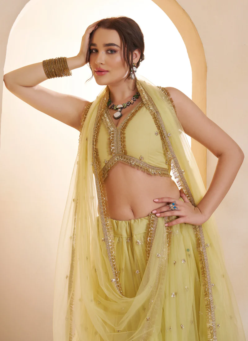 Lemon Yellow Designer Net Sequence Embroidered Work Lehenga Choli Set - Image 2