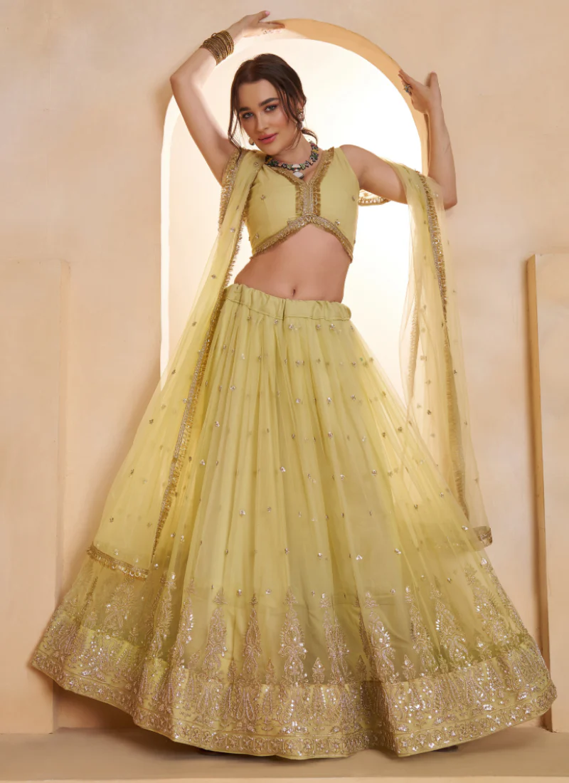 Lemon Yellow Designer Net Sequence Embroidered Work Lehenga Choli Set - Image 3
