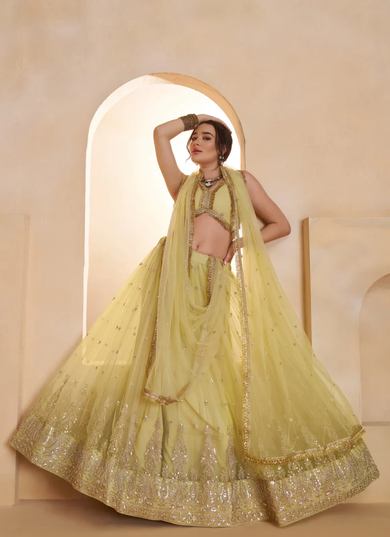 Lemon Yellow Designer Net Sequence Embroidered Work Lehenga Choli Set - Image 4