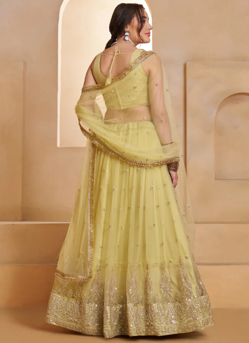 Lemon Yellow Designer Net Sequence Embroidered Work Lehenga Choli Set - Image 5