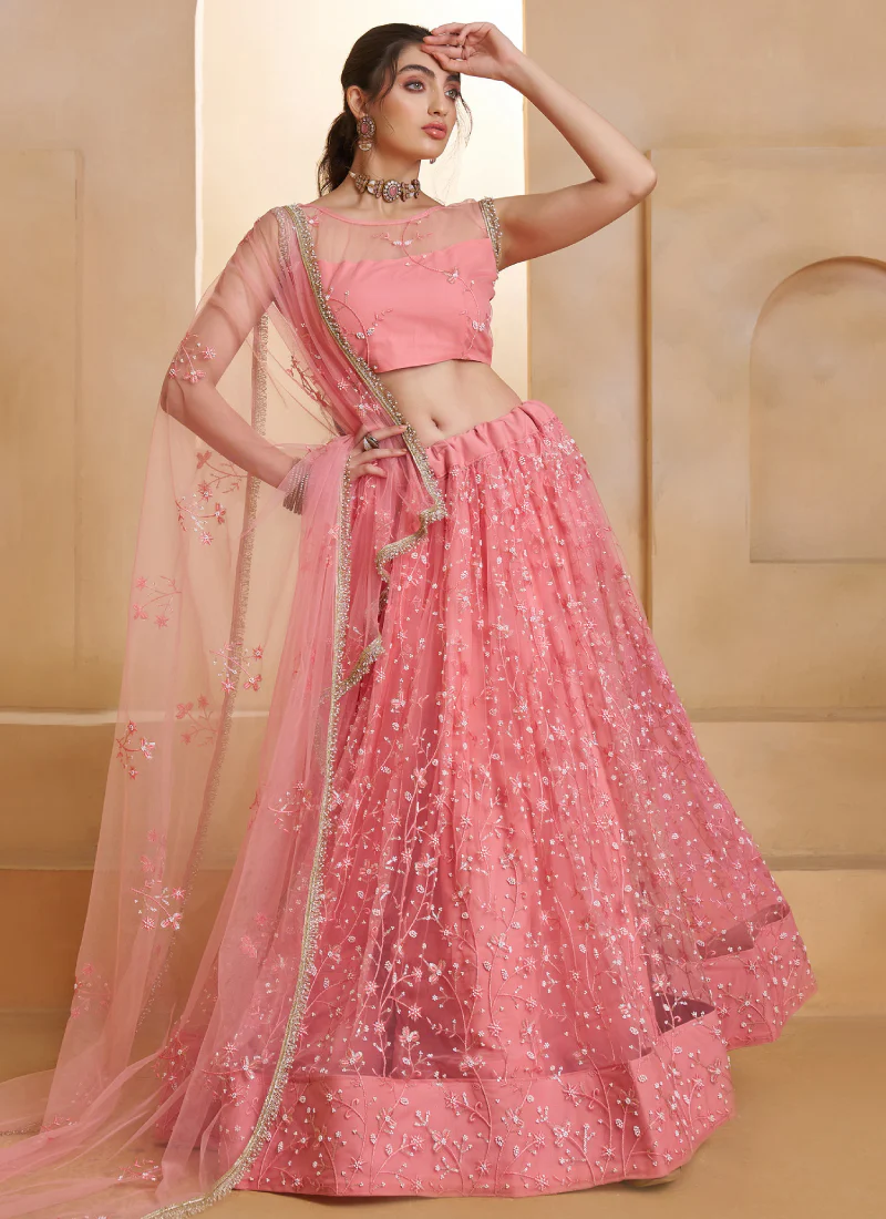 Light Pink Beats Embroidered Work Net Lehenga Choli For Dupatta