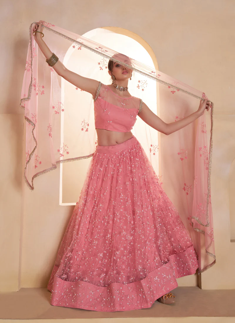 Light Pink Beats Embroidered Work Net Lehenga Choli For Dupatta - Image 3