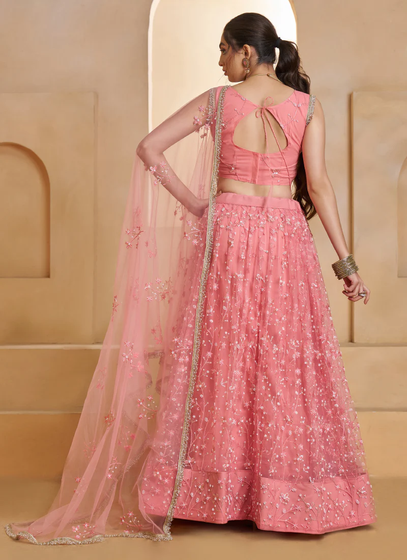 Light Pink Beats Embroidered Work Net Lehenga Choli For Dupatta - Image 7