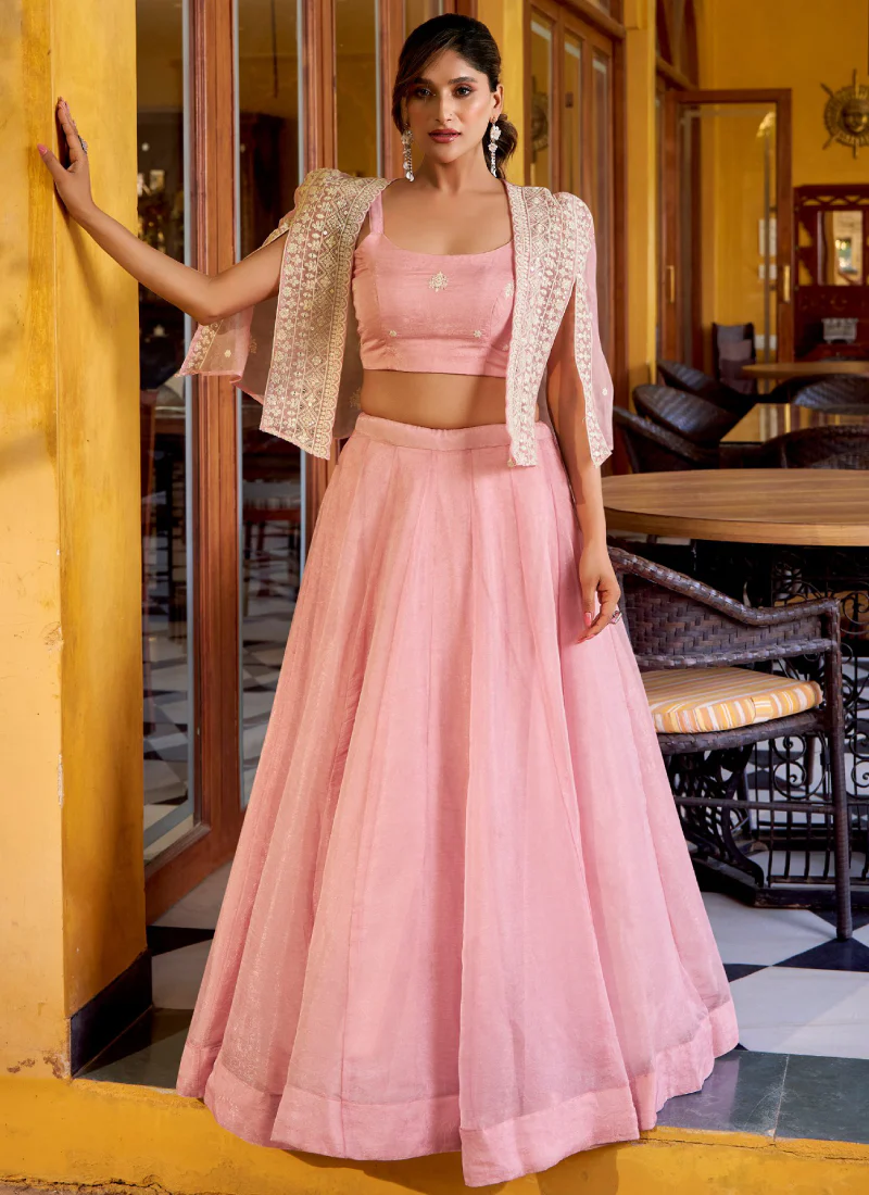 Light Pink Readymade Crush Silk Crop Top Lehenga With Embroidered Koti