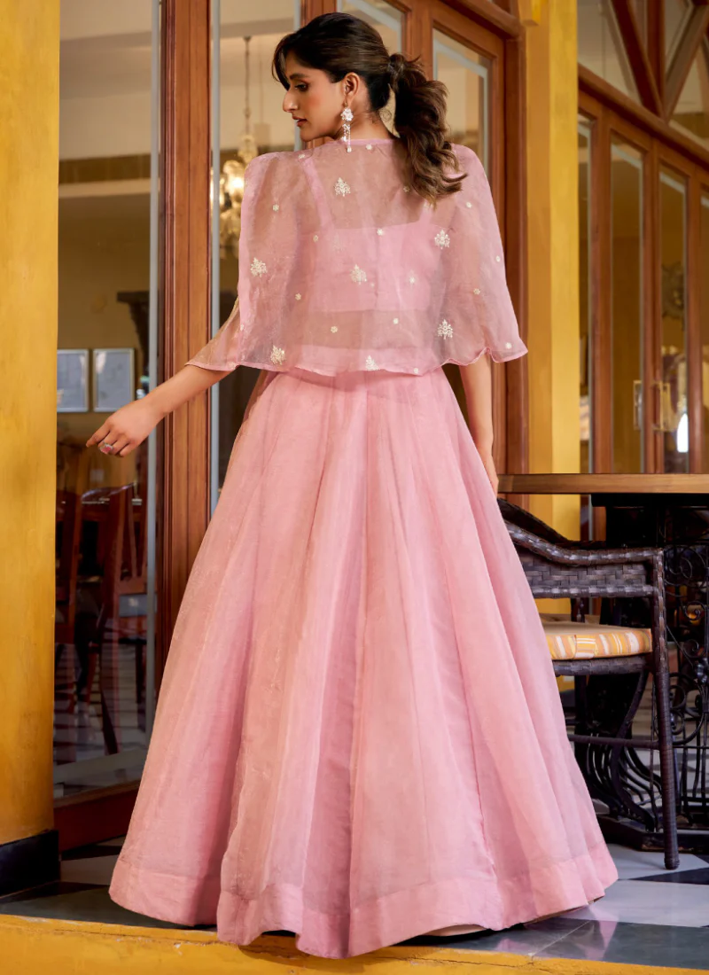 Light Pink Readymade Crush Silk Crop Top Lehenga With Embroidered Koti - Image 5