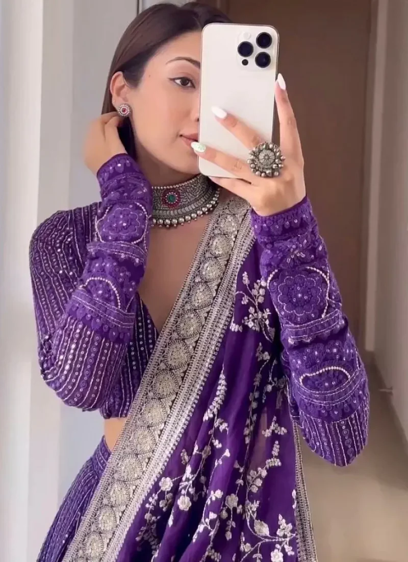Lucknowi Wear Georgette Purple Wedding Wear Lehenga Choli - Image 3