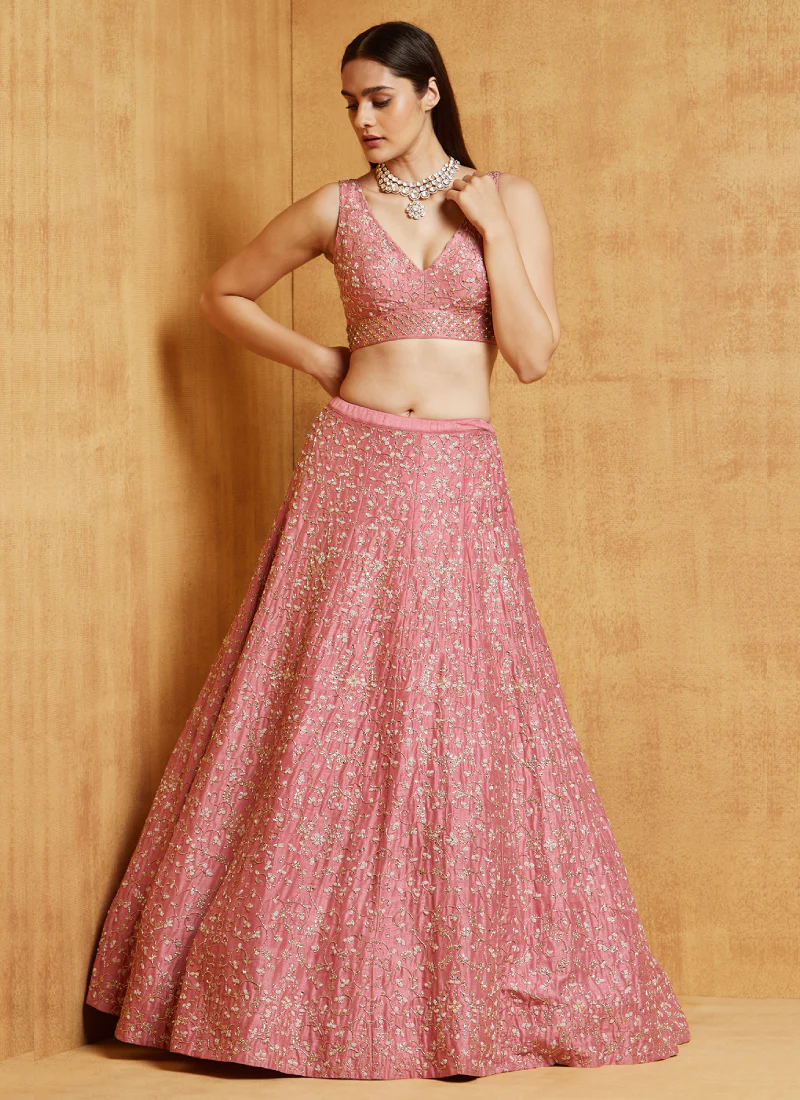 Malai Silk Pink Zari Embroidery Work Lehenga Choli - Image 3