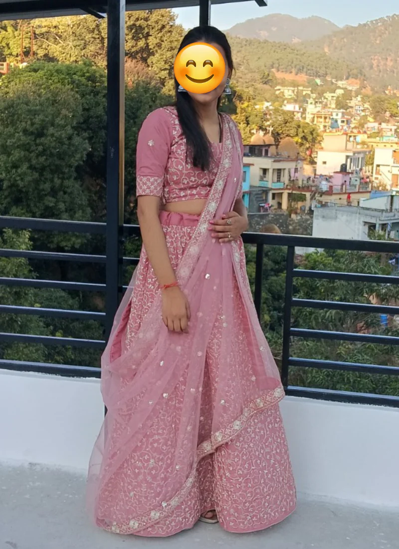 Malai Silk Pink Zari Embroidery Work Lehenga Choli - Image 5
