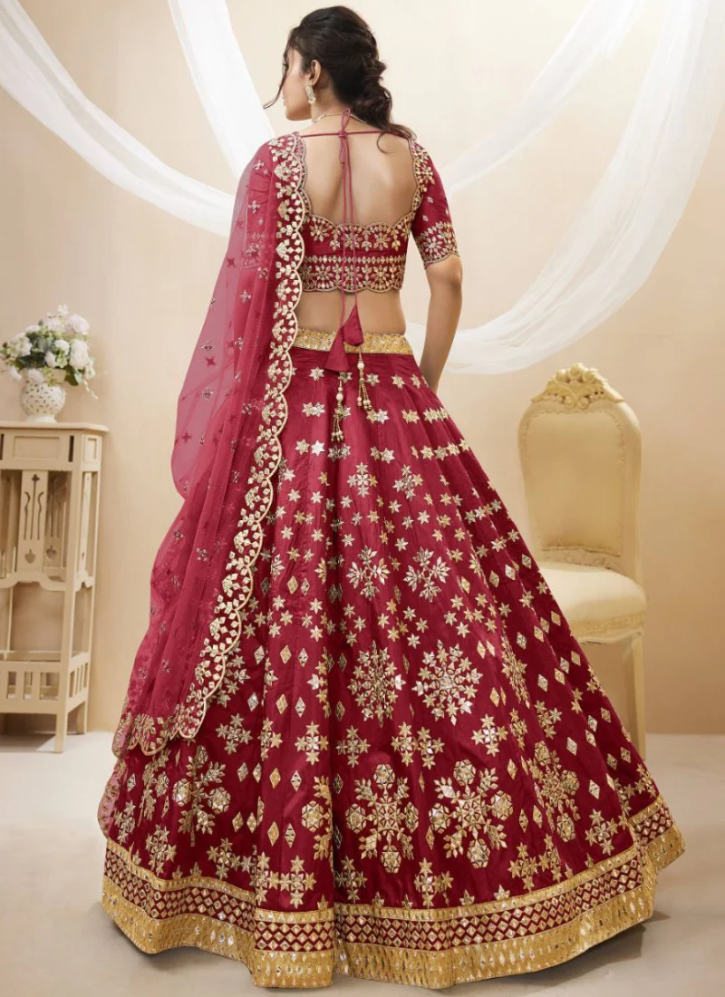 Maroon Mulberry Silk Mirror Work Lehenga Choli For Bridal - Image 3