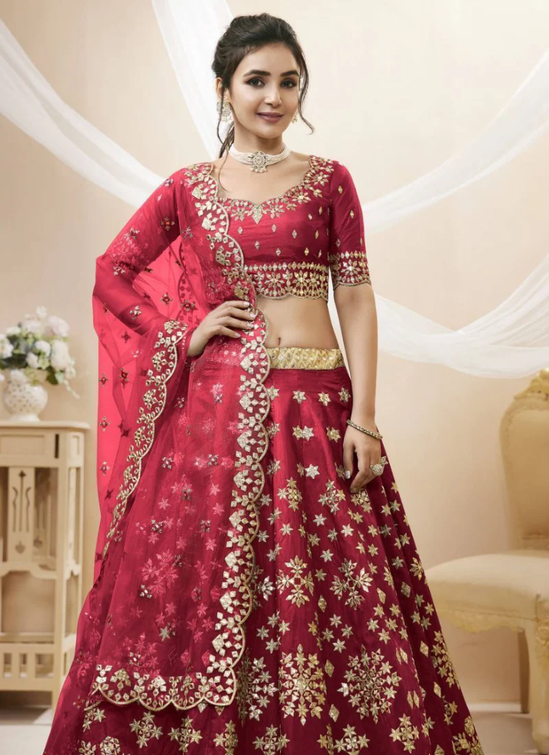 Maroon Mulberry Silk Mirror Work Lehenga Choli For Bridal - Image 4