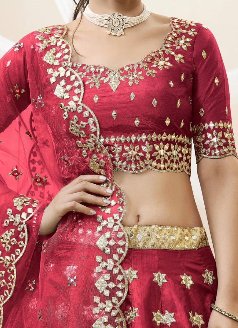 Maroon Mulberry Silk Mirror Work Lehenga Choli For Bridal - Image 5