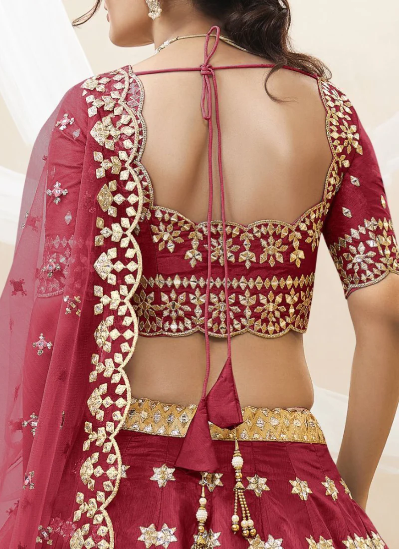 Maroon Mulberry Silk Mirror Work Lehenga Choli For Bridal - Image 6