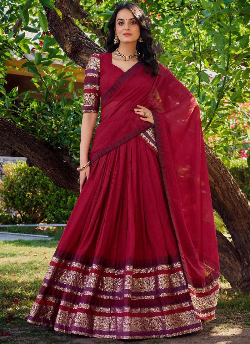 Maroon Zari Weaving Work Silk South Indian Style Half Saree Lehenga