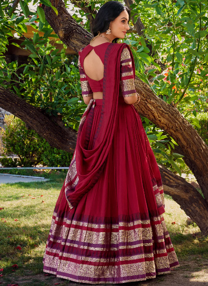 Maroon Zari Weaving Work Silk South Indian Style Half Saree Lehenga - Image 5