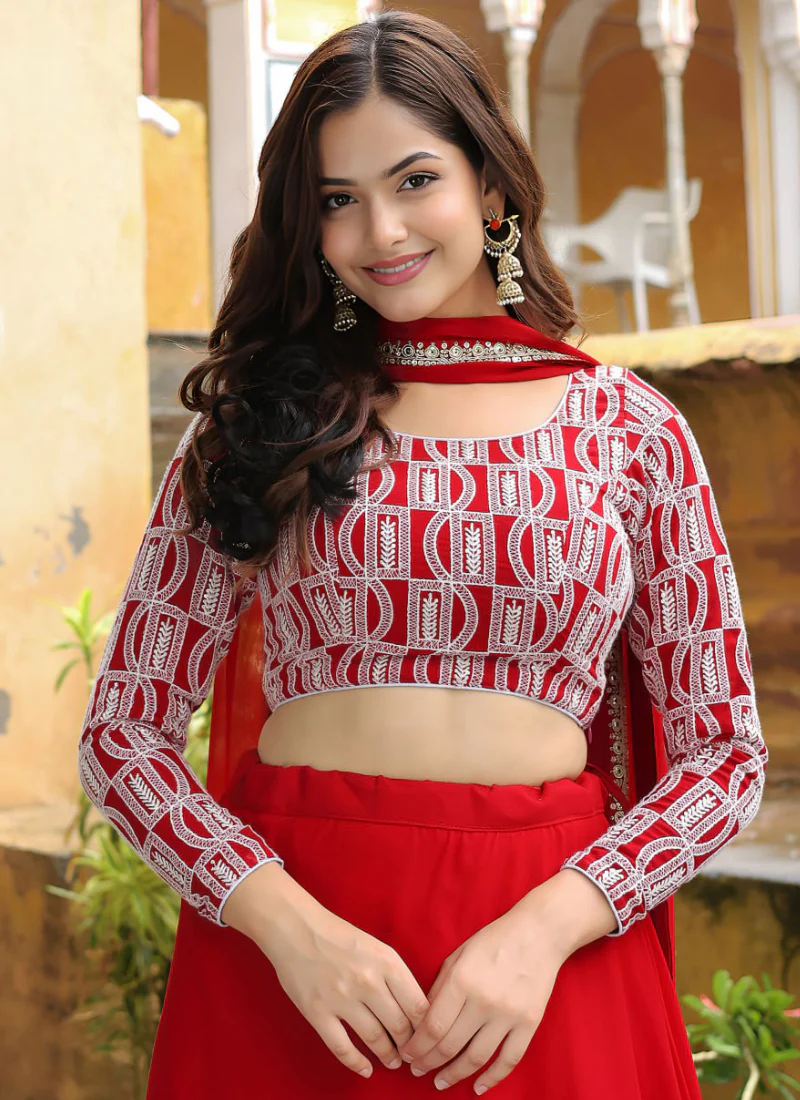 Marvellous Georgette Sequence Thread Work Bridesmaid Red Lehenga Choli - Image 2