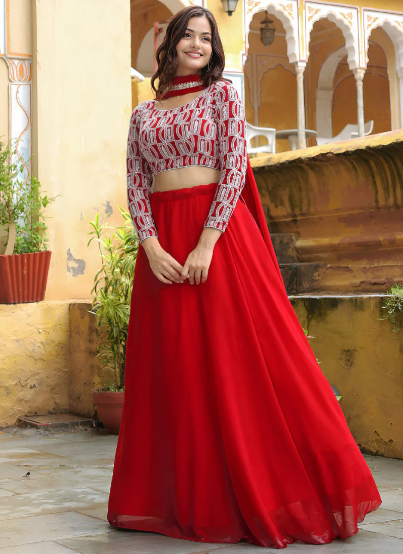 Marvellous Georgette Sequence Thread Work Bridesmaid Red Lehenga Choli - Image 4