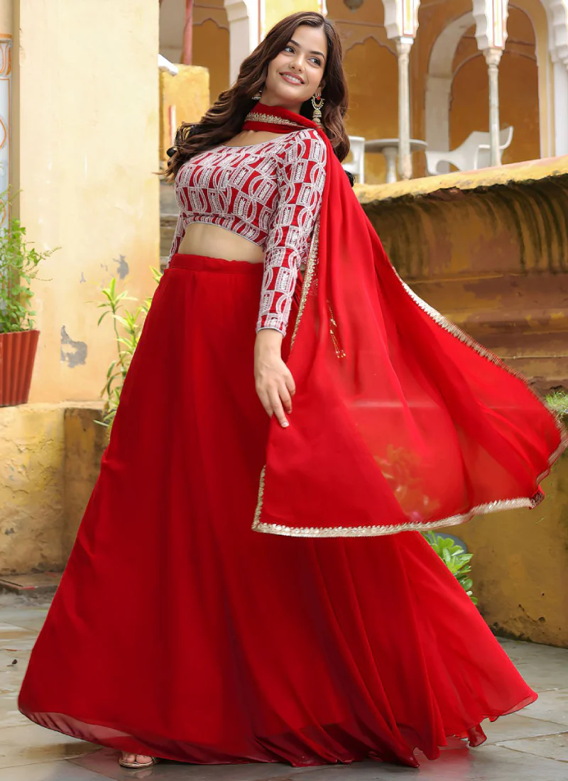 Marvellous Georgette Sequence Thread Work Bridesmaid Red Lehenga Choli - Image 5