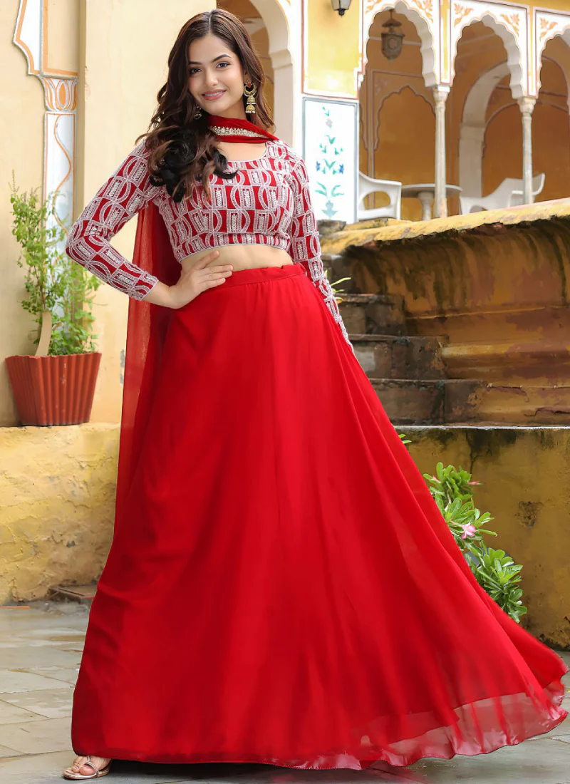 Marvellous Georgette Sequence Thread Work Bridesmaid Red Lehenga Choli - Image 6