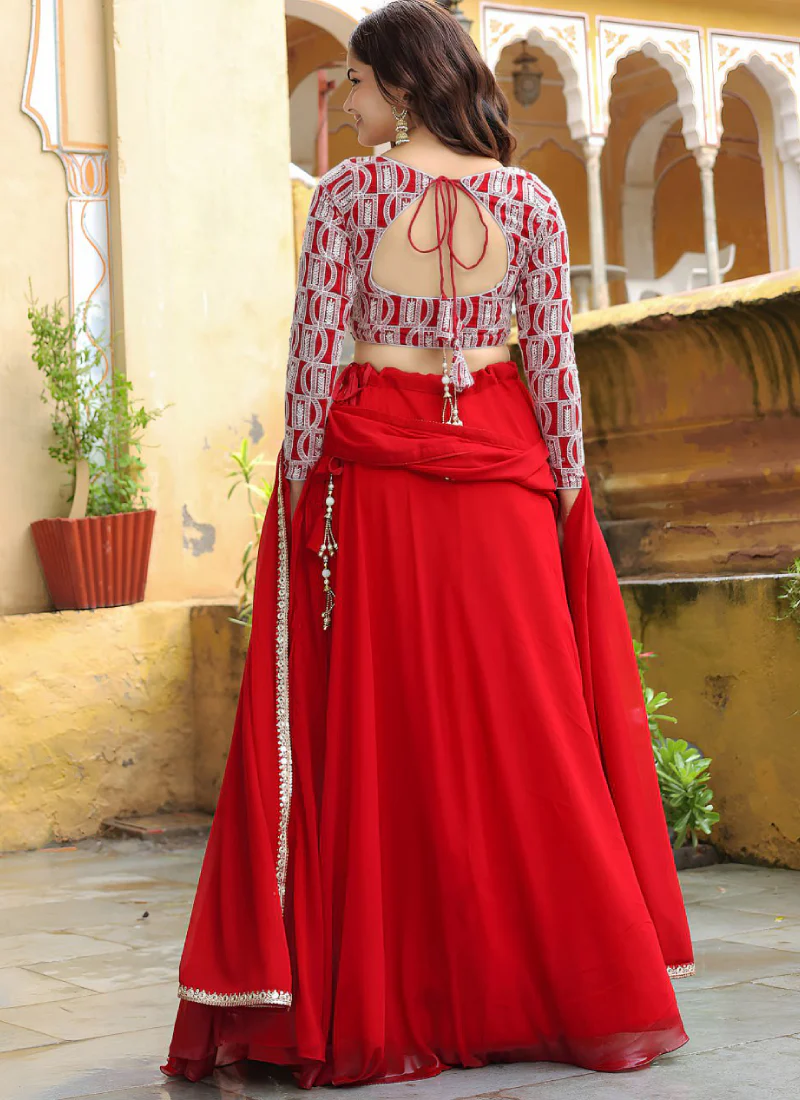 Marvellous Georgette Sequence Thread Work Bridesmaid Red Lehenga Choli - Image 7