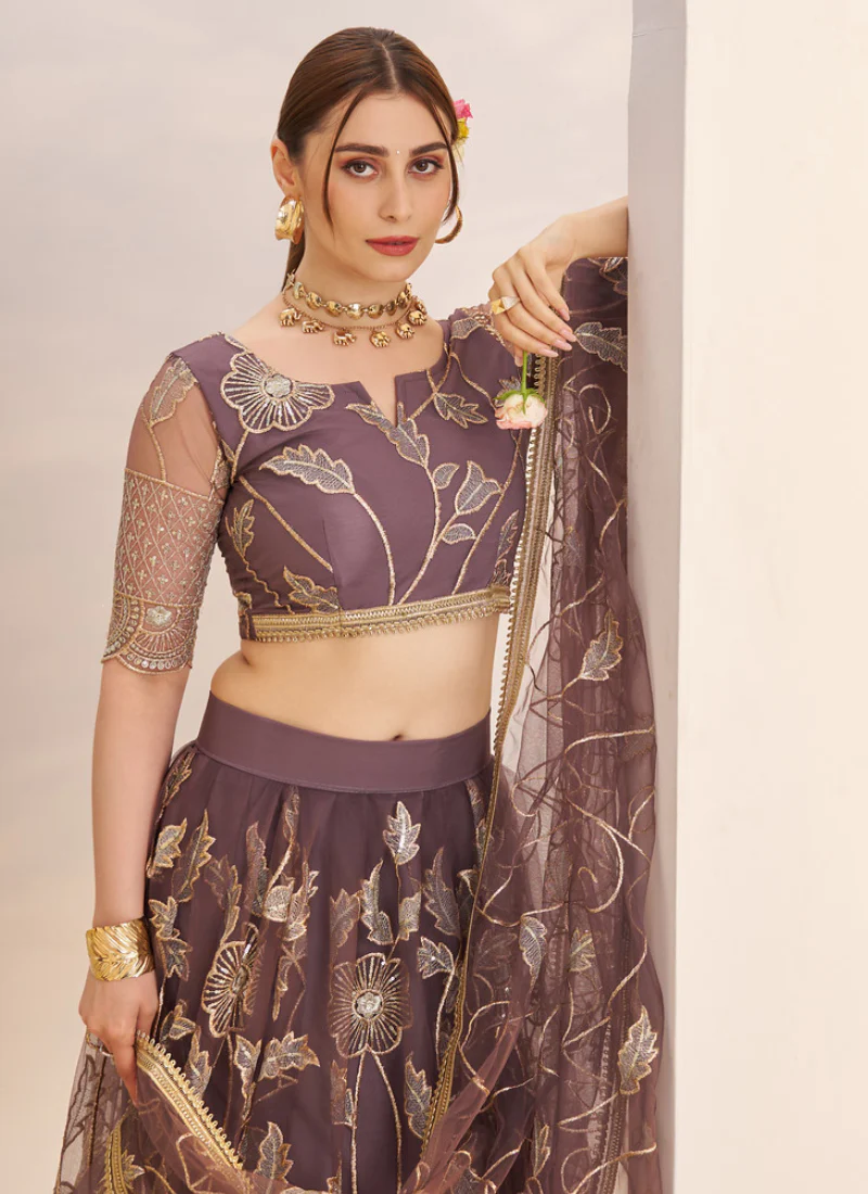 Marvellous Thread Work Reception Wear Dusty Purple Net Lehenga Choli - Image 2