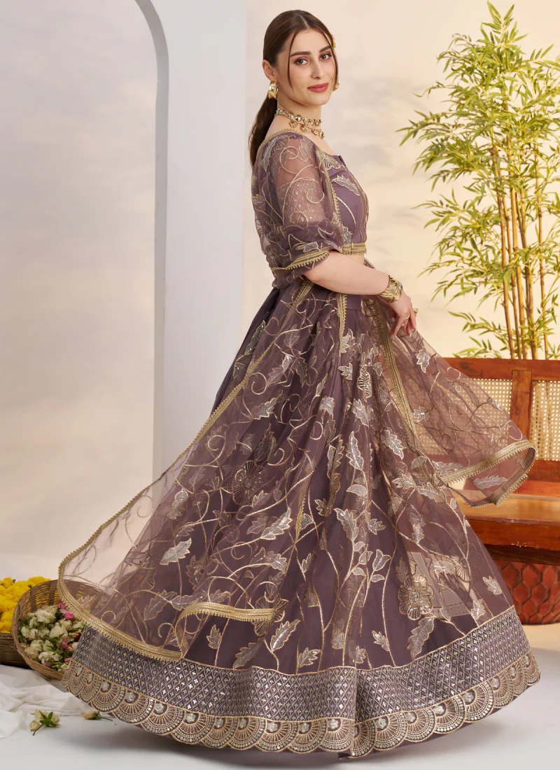 Marvellous Thread Work Reception Wear Dusty Purple Net Lehenga Choli - Image 3