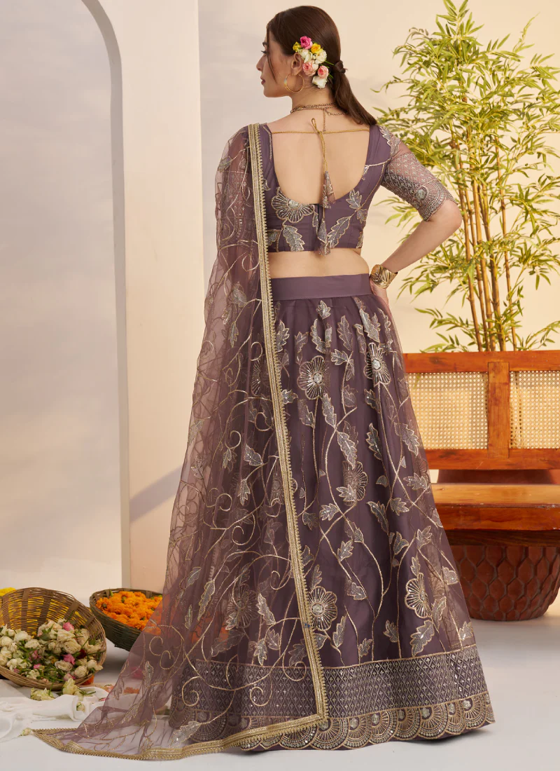 Marvellous Thread Work Reception Wear Dusty Purple Net Lehenga Choli - Image 4