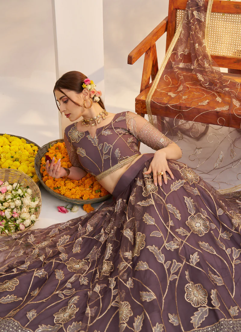 Marvellous Thread Work Reception Wear Dusty Purple Net Lehenga Choli - Image 5