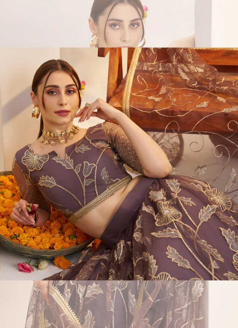 Marvellous Thread Work Reception Wear Dusty Purple Net Lehenga Choli - Image 6
